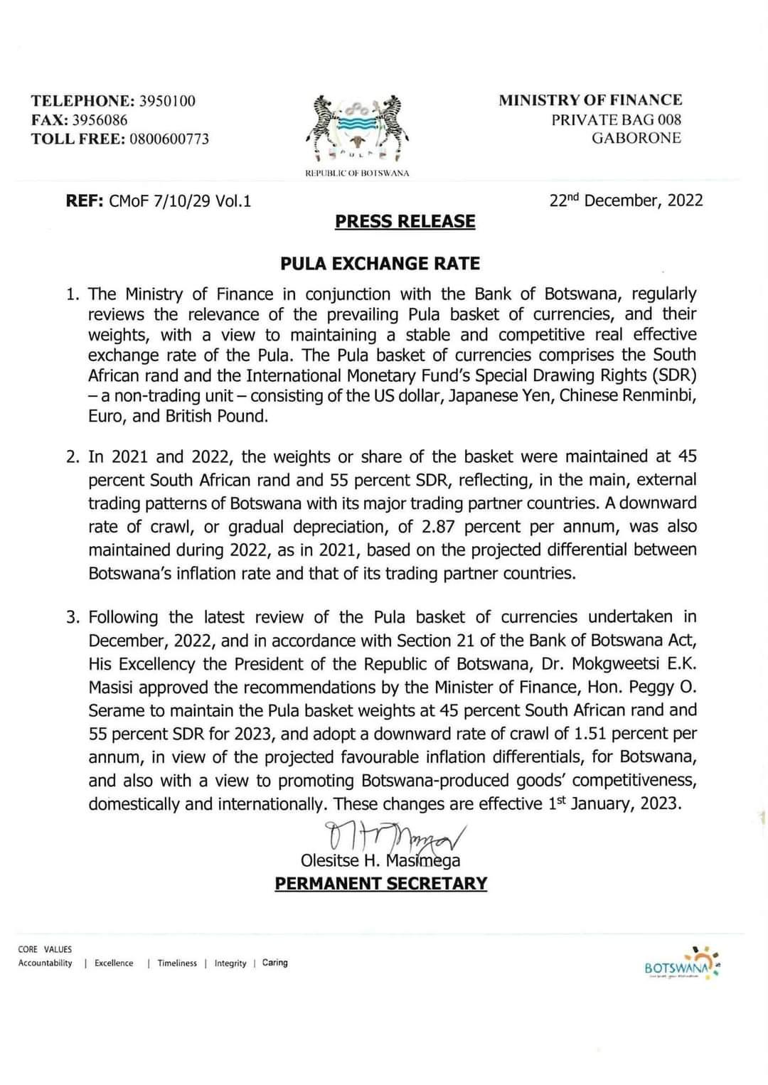 Botswana government maintains Pula basket weights for 2023