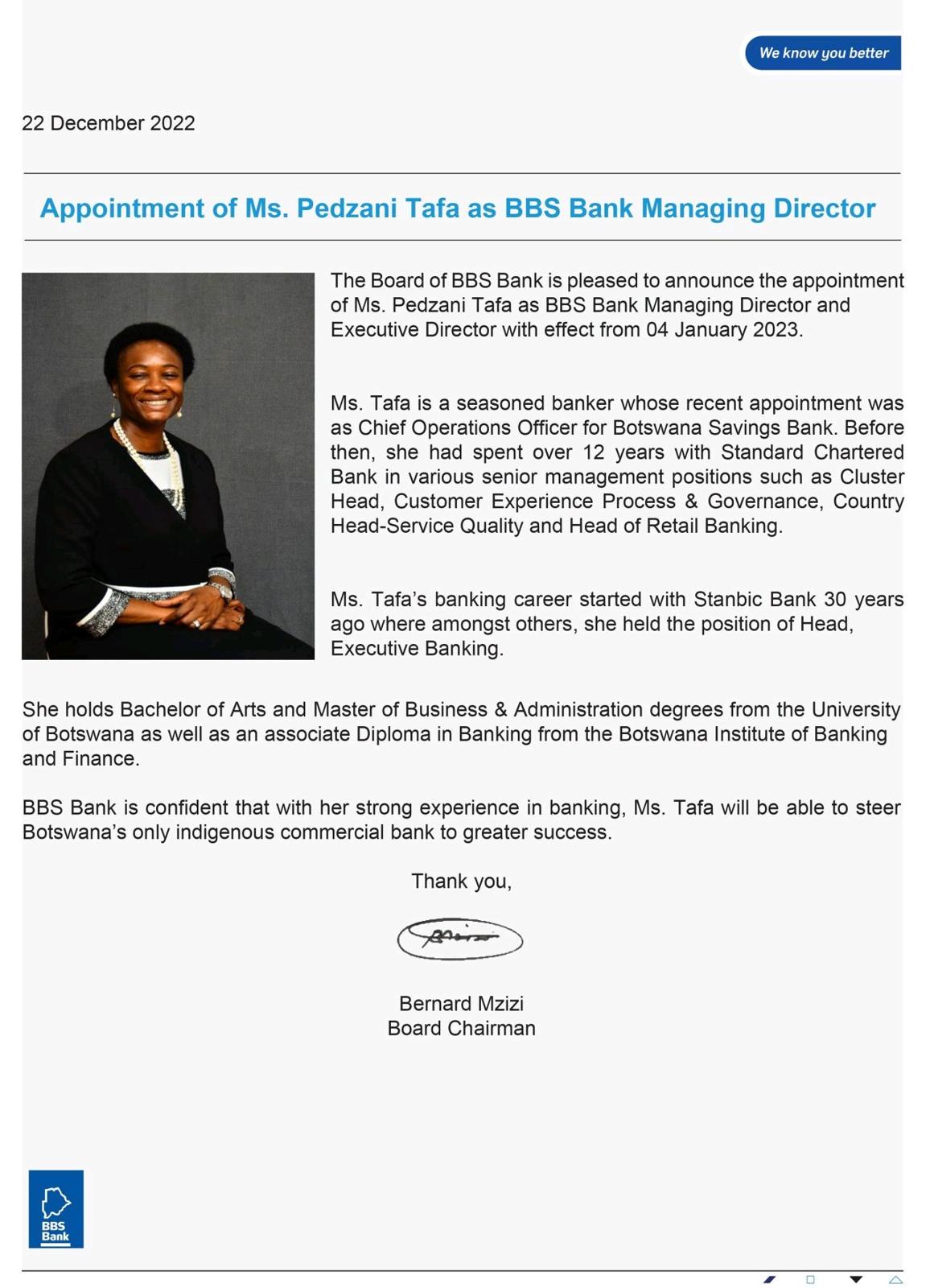 Ms. Pedzani Tafa appointed as Managing Director and Executive Director of BBS Bank